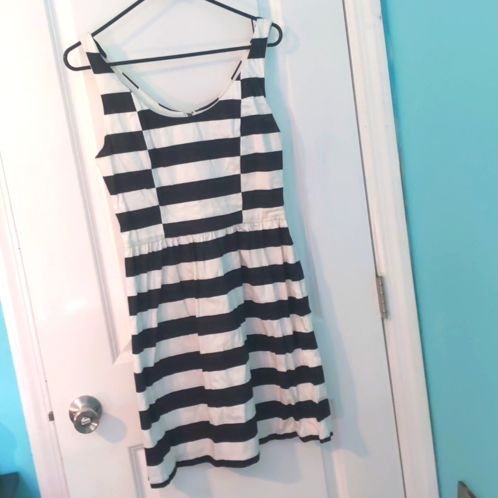 Aqua Black & White Stripped Dress with Pockets